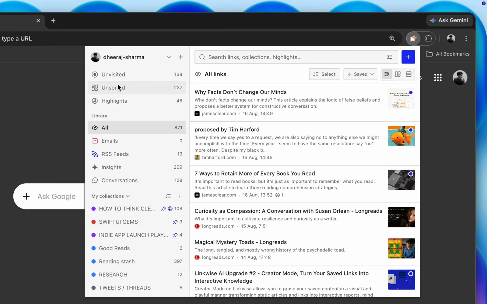 The Linkwise extension open in Chrome, showing the saved-links library beside an article