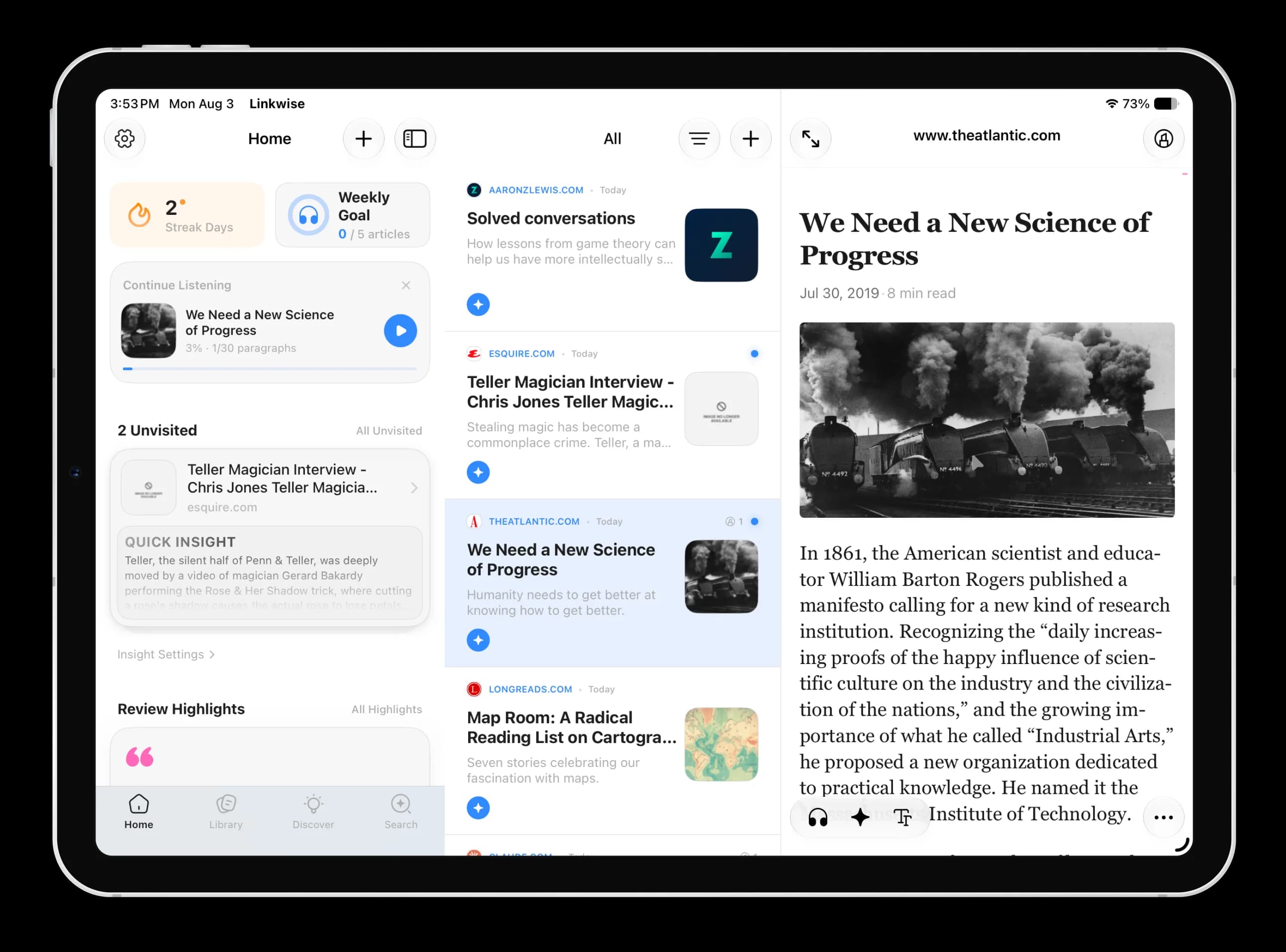 Linkwise on iPad showing the home feed, article list, and reader side by side