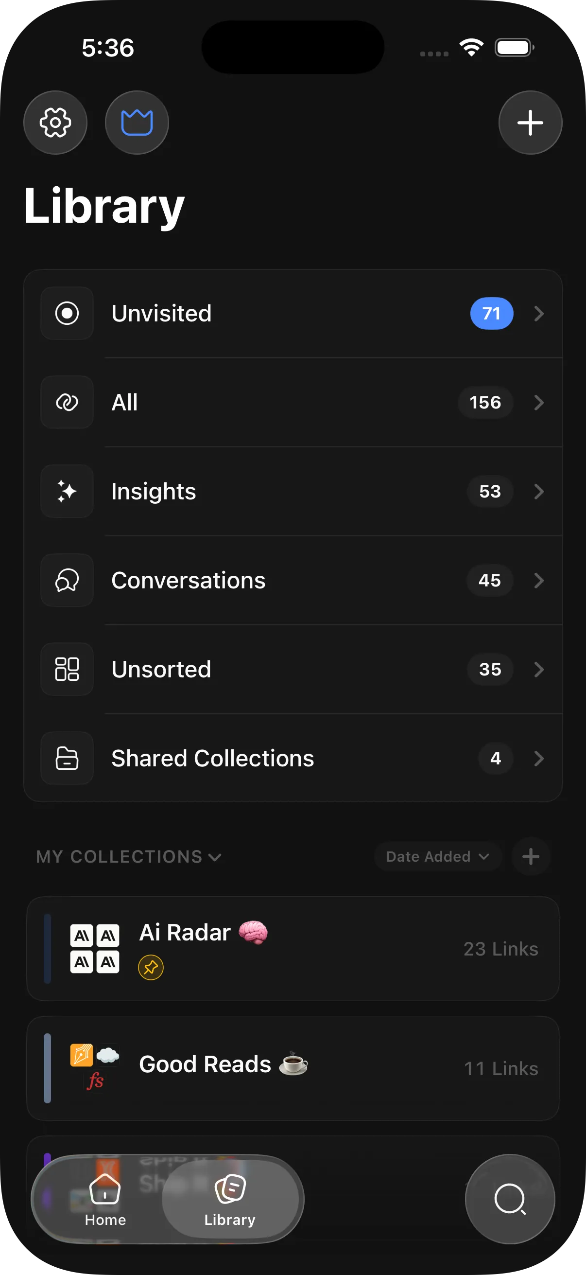 Linkwise library screen showing different categories of saved links