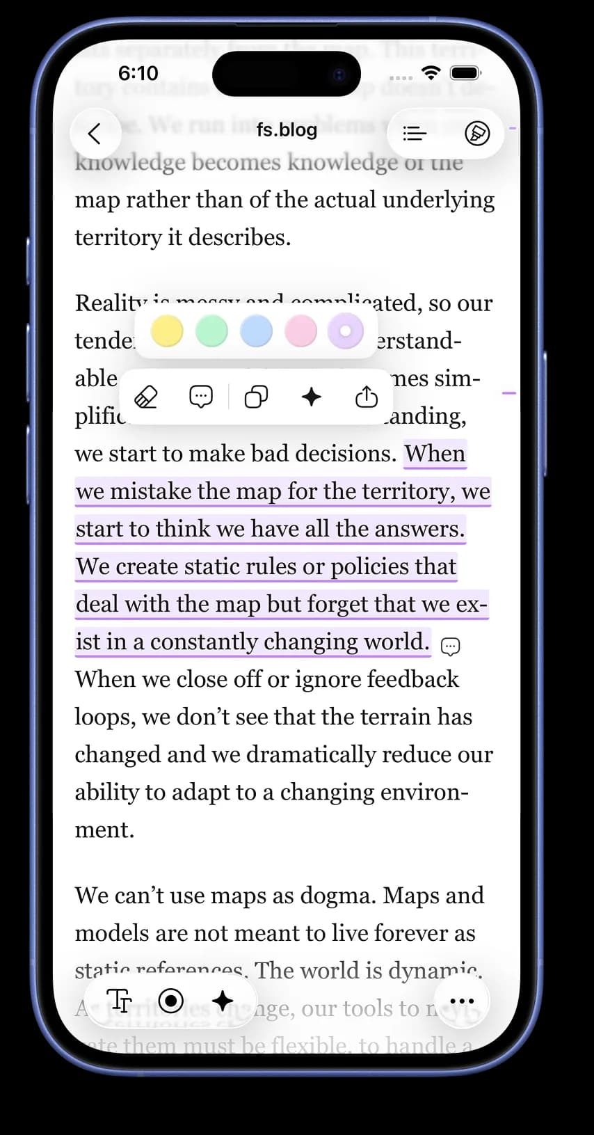 Linkwise on iPhone showing an article with a passage highlighted